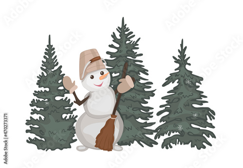 christmas card vector. snowman vector. snowman waving his hand vector. snowman with broom. vector illustration. eps © bleskk