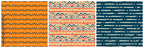 Set of seamless geometric patterns. Ethnic and tribal motives. Bohemian print for textiles, packaging, home decor. Grunge vintage texture. Vector illustration.
