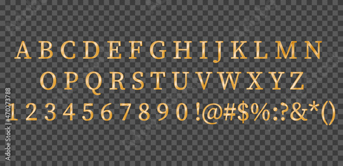 Print Golden font numbers and letters alphabet typography. Vector gold font type with 3d metal gold effect Golden font numbers and letters alphabet typography. 