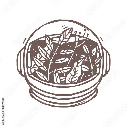 Astronaut vector drawing helmet logo concept with growing flower bouquet, plants, foliage and leaves. Spase and universe symbol and sign