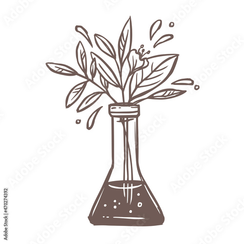 Ethical science vector symbol. Chemical glass flask with flower bouquet, plants, foliage and leaves. Laboratory pharmaceutical