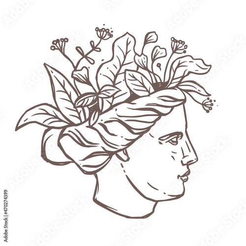 Roman antique sculpture head of Venus with flower bouquet, foliage and leaves