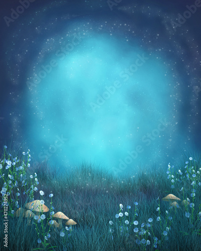 Beautiful blue fantasy backdrop. Magical moonlit field with pixie dust, flowers, soft grass and toadstools. 3d illustration