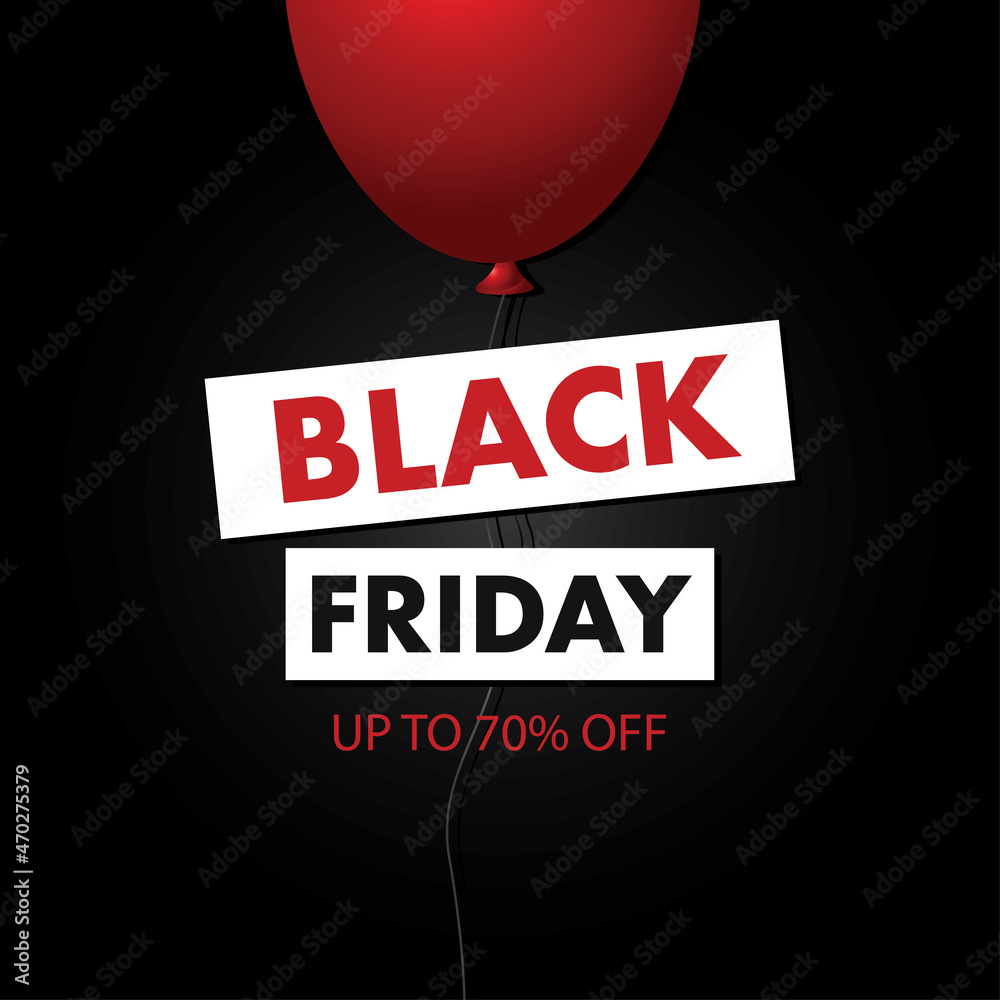 Fototapeta premium Black Friday sale typographic design. Red color letters with red balloon. Black background. Vector illustration.