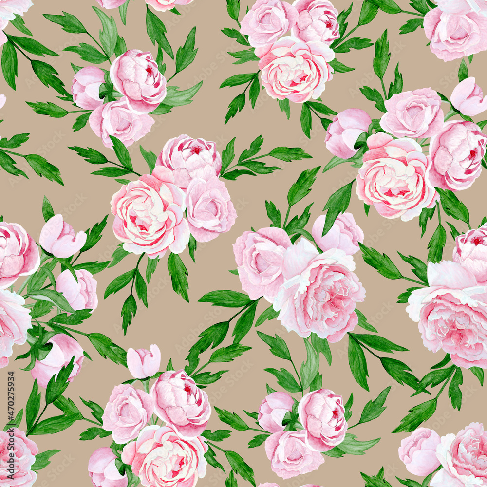 Seamless pattern. Watercolour hand drawn bouquet of peonies, beige background.