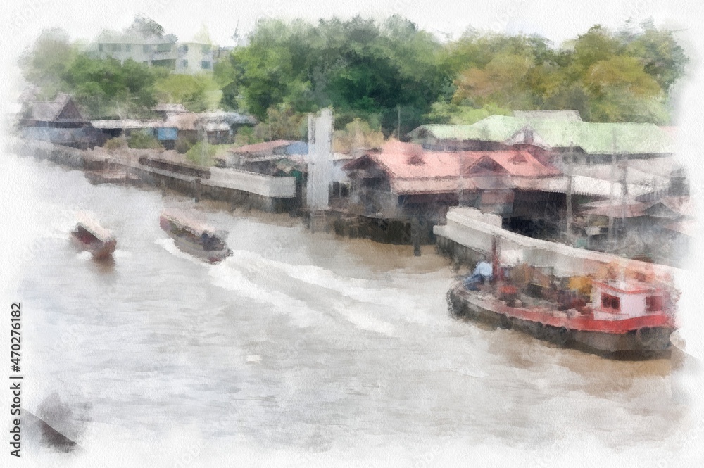 Landscape of canals in Bangkok Thailand watercolor style illustration impressionist painting.