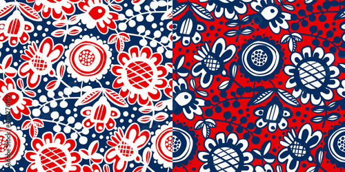 Vivid red and blue floral seamless pattern