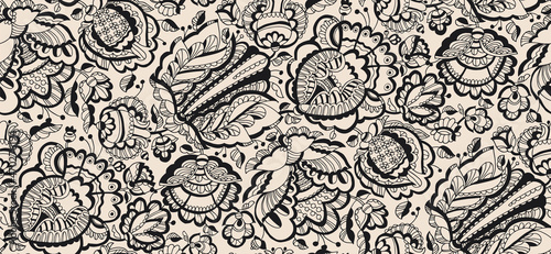 Stylized folk-style lush flowers seamless pattern