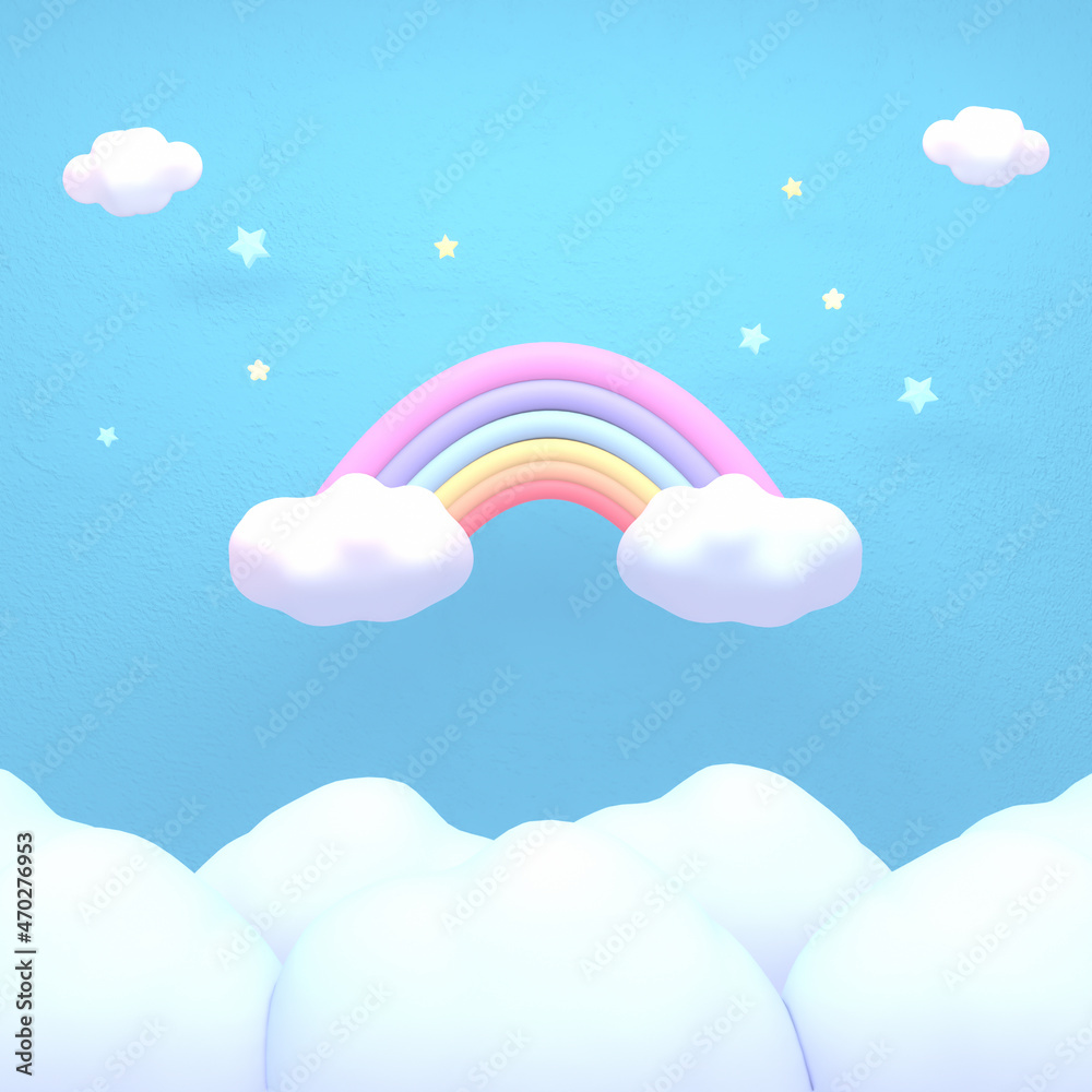 Obraz premium 3d rendered cartoon rainbow, stars, and white clouds in the blue sky.