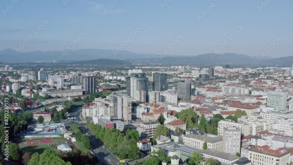 Aerial view Ljubljana Slovenia. Cityscape with new high-rises and business centers and old houses in the historic center. Aerial view Ljubljana Slovenia. Cityscape with new high-rises and business centers and old houses in the historic center.