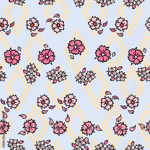 Vector blue background white pink cherry tree flowers and cherry blossom sakura flowers. Seamless pattern background