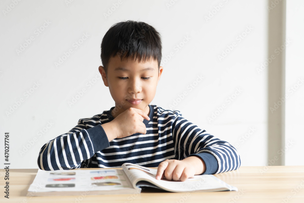 Asian boy who are studying in elementary school reading and doing homework by himself at home. Asian boy who are studying in elementary school reading and doing homework by himself at home.