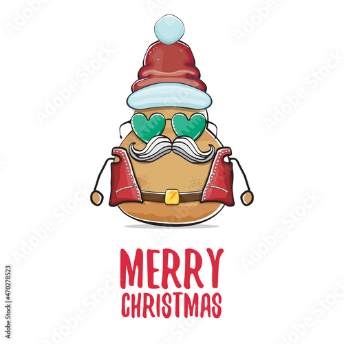 vector rock star Santa potato funny cartoon cute character with red Santa hat and calligraphic merry Christmas text isolated on white background. rock n roll Christmas party poster