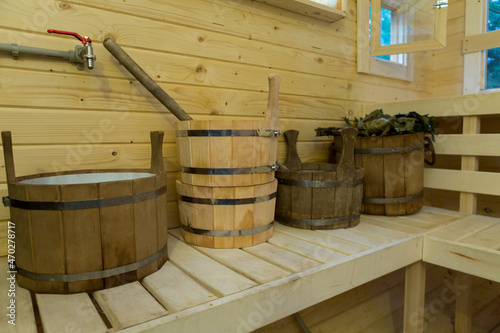wood buckets in sauna