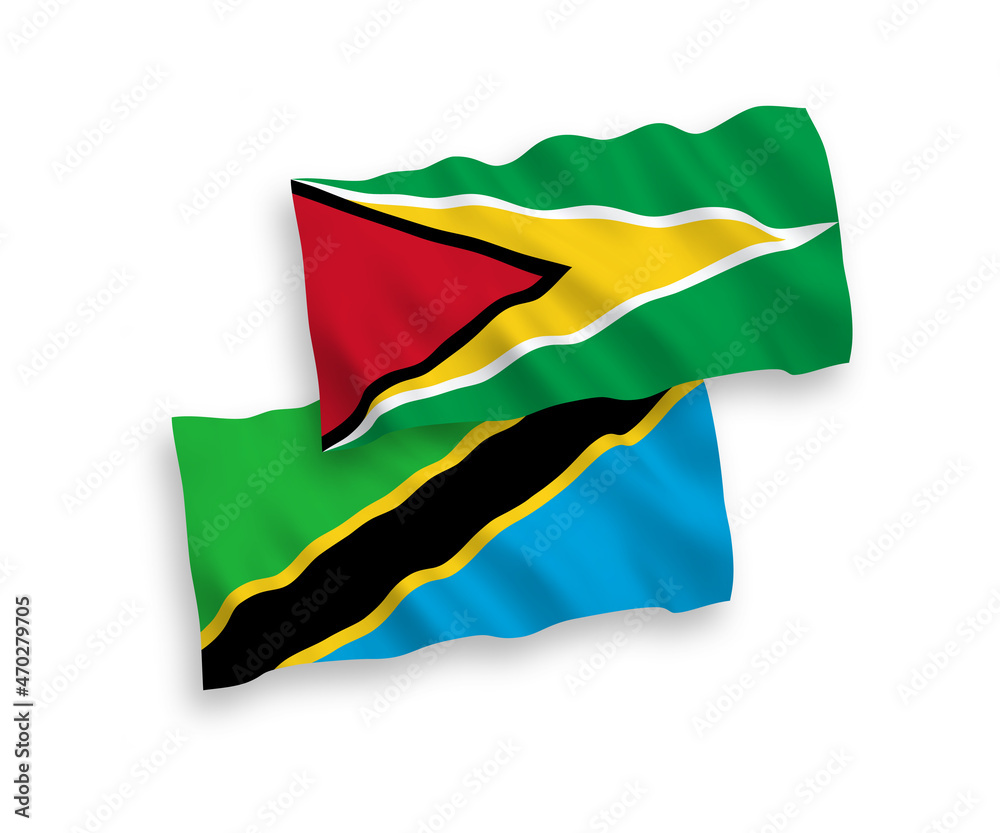 Obraz premium National vector fabric wave flags of Co-operative Republic of Guyana and Tanzania isolated on white background. 1 to 2 proportion.