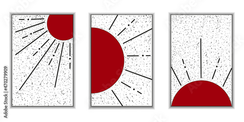 Mid century minimalist wavy retro art with abstract landscapes  sun. Vintage posters, illustrations with lines and shapes for wall art, posters, cards, brochure design.