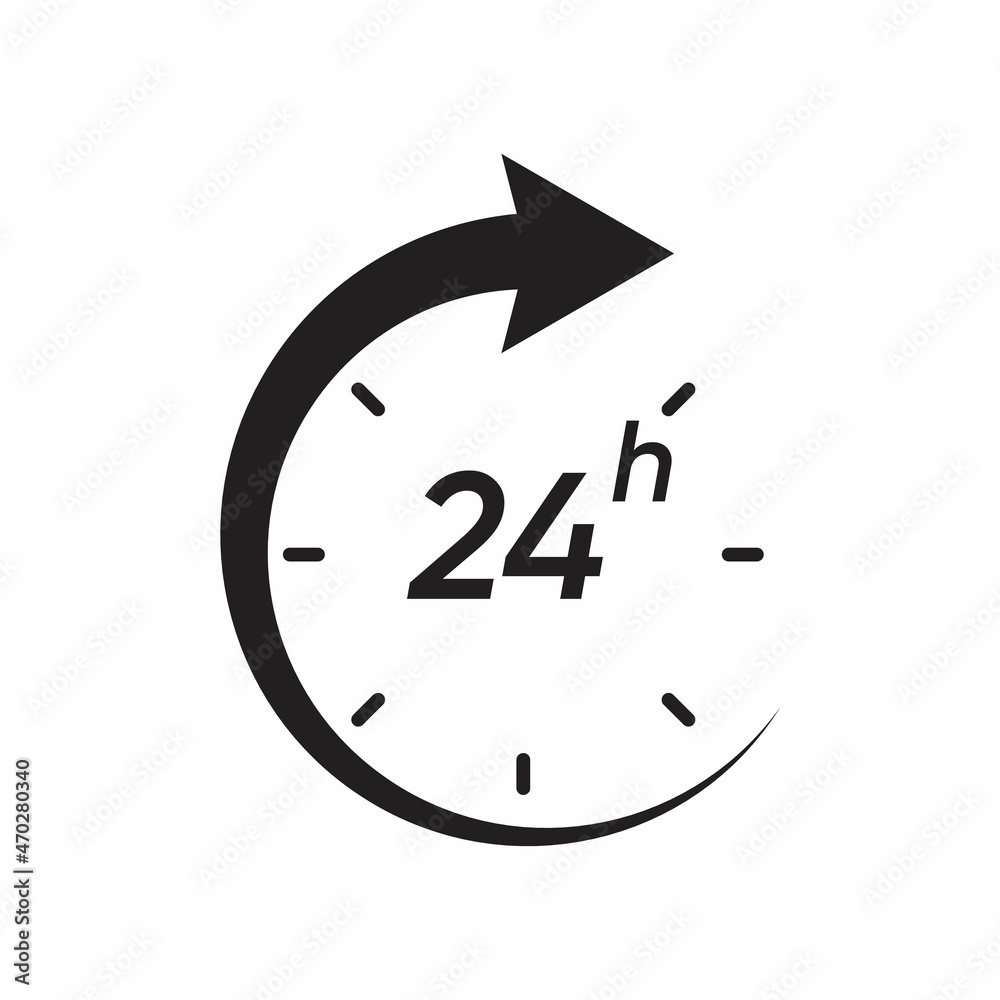 24 hours icon, clock open time service or delivery, 7 days a week and 24 hr clock arrow sign 24 hours icon, clock open time service or delivery, 7 days a week and 24 hr clock arrow sign