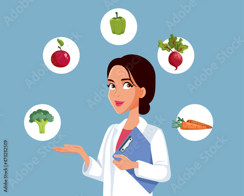 Nutritionist Doctor Surrounded by Fruits and Vegetables Concept Illustration
