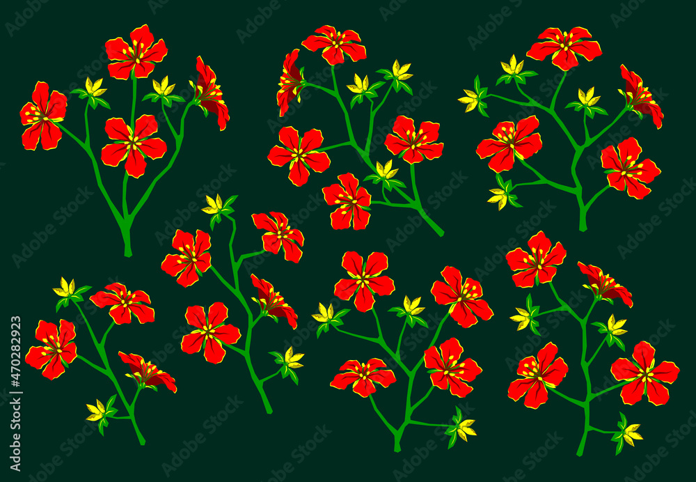 Red flowers branch floral set clipart illustration