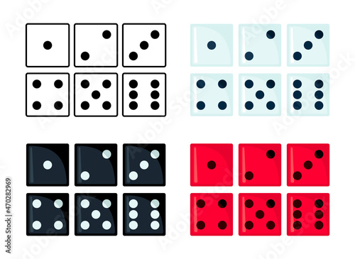 Set of dice icons in four different colors.