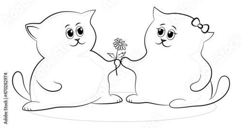 Cartoon Cat Boy Gives a Flower to a Cat Girl as a Sign of Love and Friendship, Black Contours Isolated on White Background. Vector