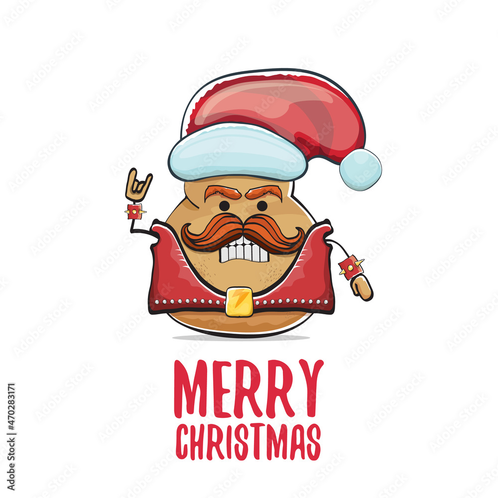 vector rock star Santa potato funny cartoon cute character with red Santa hat and calligraphic merry Christmas text isolated on white background. rock n roll Christmas party poster vector rock star Santa potato funny cartoon cute character with red Santa hat and calligraphic merry Christmas text isolated on white background. rock n roll Christmas party poster