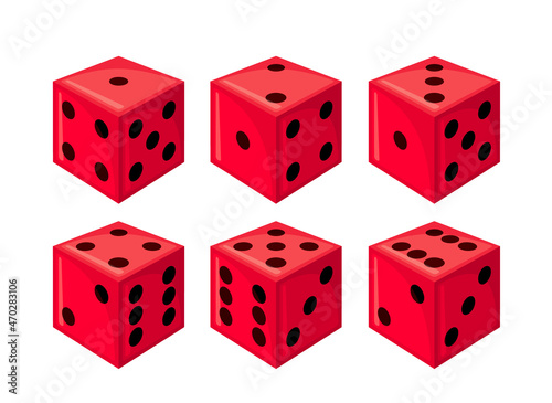 Set of red dices with black dots from different sides view.