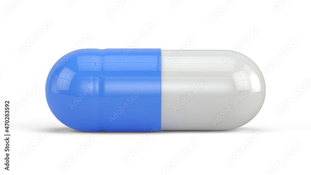 Blue Medicine capsule pills isolated on white background. Medicine, pharmacy concept. 3d rendering