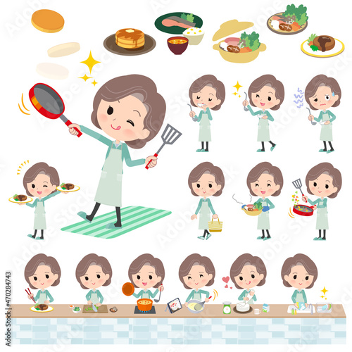 料理に関する青緑ジャージ中年女性のセット