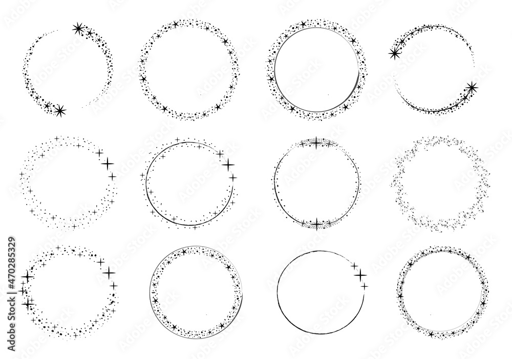 Sparkle star circle frame set. Wreath ring stardust border for party, birthday decor design.Christmas and New Year frame with, cosmic glitter shine. Isolated black flat vector illustration. Sparkle star circle frame set. Wreath ring stardust border for party, birthday decor design.Christmas and New Year frame with, cosmic glitter shine. Isolated black flat vector illustration.