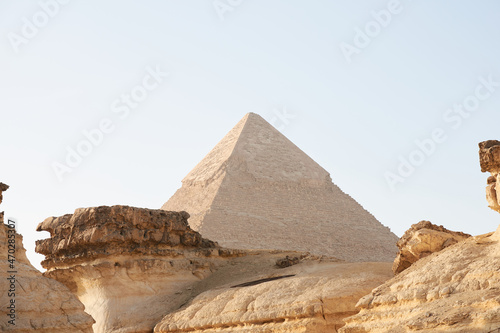 Pyramid of Khafre  also read as Khafra  Khefren  or of Chephren is the second-tallest and second-largest of the Ancient Egyptian Pyramids of Giza viewed from distance