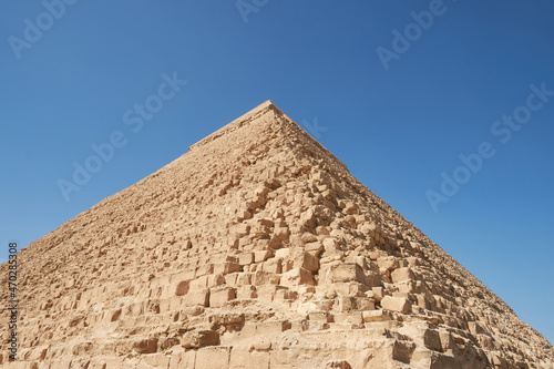 Rib and faced top of  Pyramid of Khafre  also read as Khafra  Khefren  or of Chephren is the second-tallest and second-largest of the Ancient Egyptian Pyramids of Giza