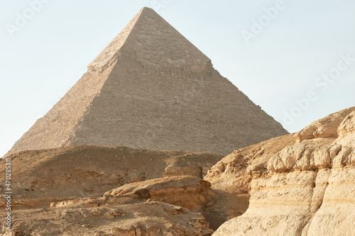 Pyramid of Khafre  also read as Khafra  Khefren  or of Chephren is the second-tallest and second-largest of the Ancient Egyptian Pyramids of Giza viewed from distance