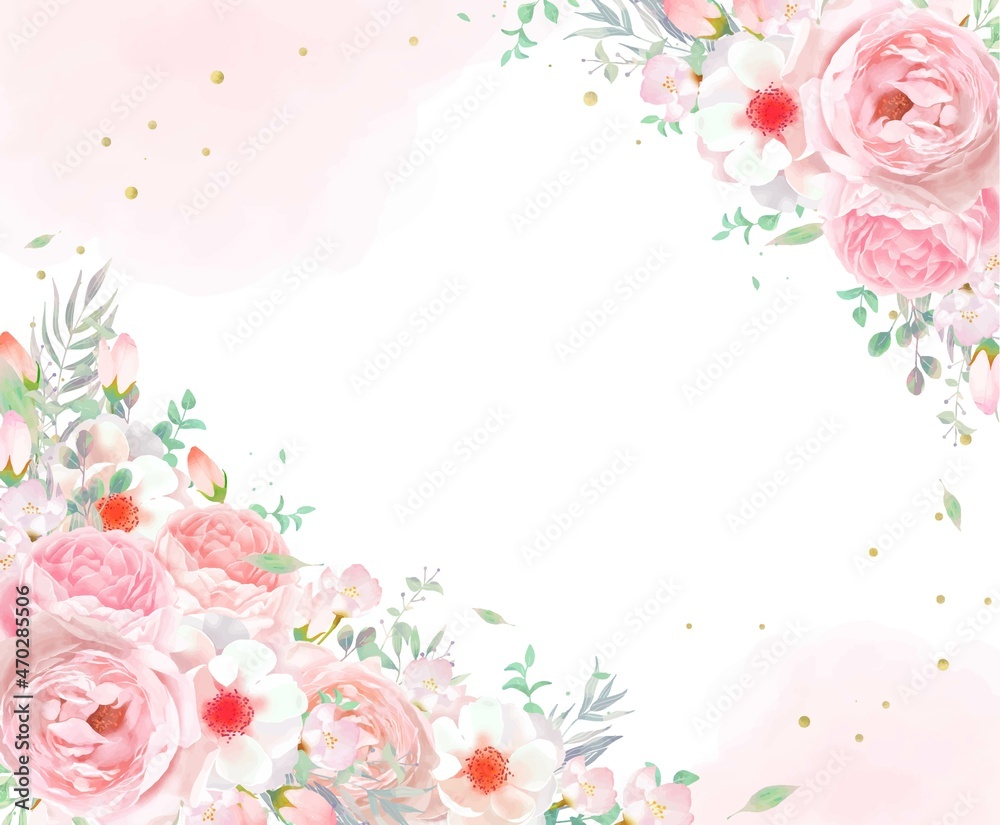 エレガントなピンク系のバラの花とリーフのゴールド水玉フレームベクターイラスト素材