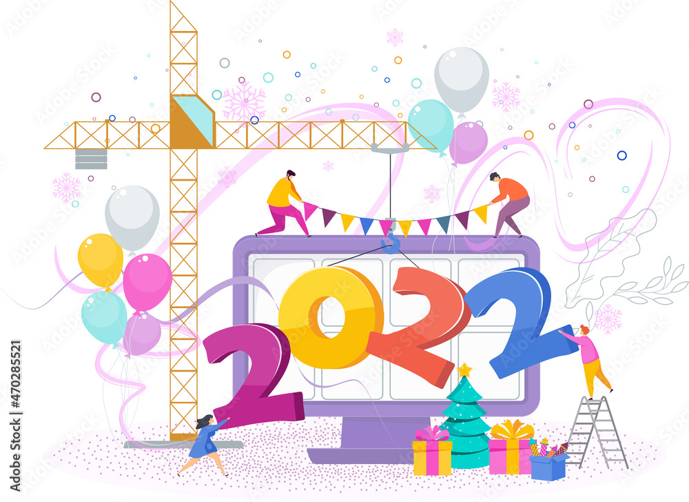 2022 Merry Christmas and Happy New Year illustration card with people. 2022 Merry Christmas and Happy New Year illustration card with people.