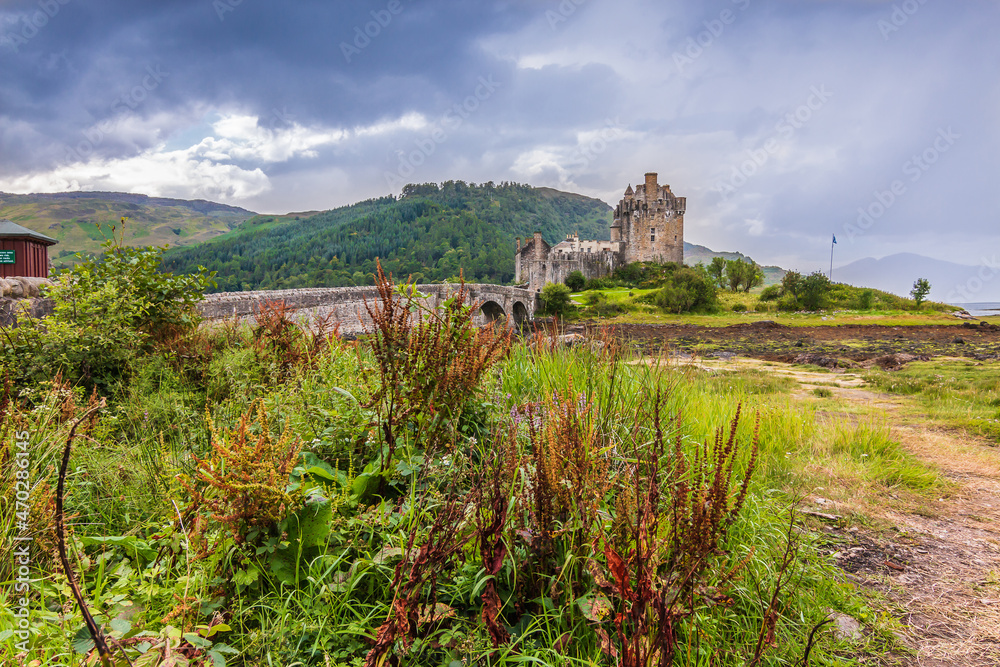 Eilean Donan Castle in Scotland on an island. View of the historic castle at low tide. Bushes and grass in the foreground. Stone pedestrian bridge with arches leads to the castle