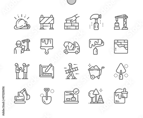 Construction. Hammer, crane, excavator and brick wall. Paint bucket. Building, working and infrastructure. Pixel Perfect Vector Thin Line Icons. Simple Minimal Pictogram