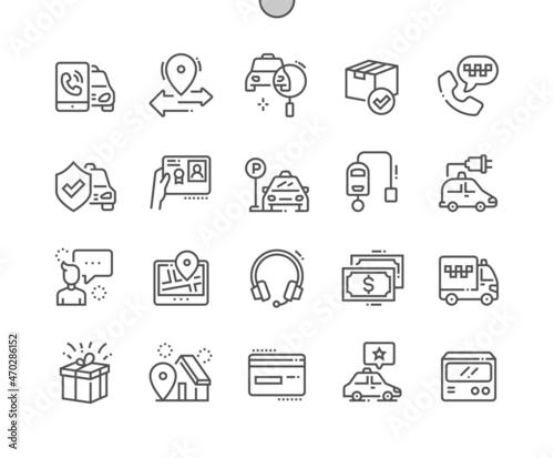 Taxi service. Driving license and taximeter. Electric vehicle. Trip rating. Urban transportation. Pixel Perfect Vector Thin Line Icons. Simple Minimal Pictogram