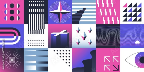 Abstract contemporary geometry. Minimalistic modern swiss pattern of primitive basic brutalism shapes, colorful trendy ornament. Vector neo geo forms set