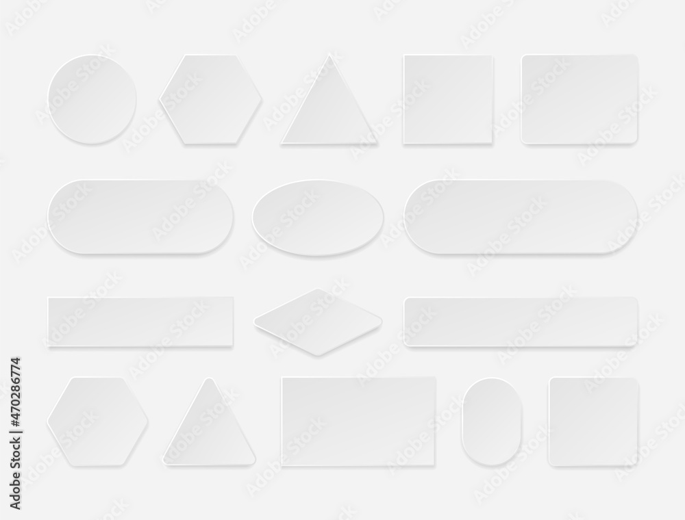 Realistic web button. 3D white square rectangular round flat web forms and tags with shadows, paper and plastic blank interface element. Vector empty frame set