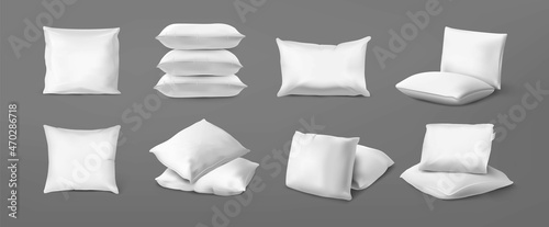 Realistic bed cushion. White bed pillows for bedroom interior, top and bottom view of cotton feather pillows, stack and piles. Vector isolated set