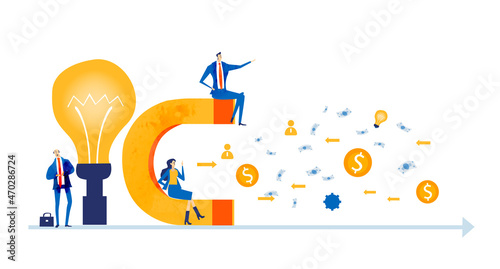 Business people, bankers working with magnet attracting golden coins. Savings, investments, finance strategy and technical support concept. 