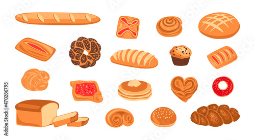 Cartoon bread. Wheat grain baked food, danish, jam puff, loaf, baguette, bread, donut, sesame bun and sweet bread dessert. Vector isolated set