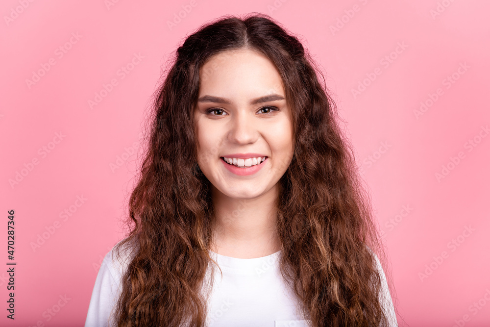 Photo of young lovely cheerful girl have fun teeth ceramic stomatology isolated over pink color background