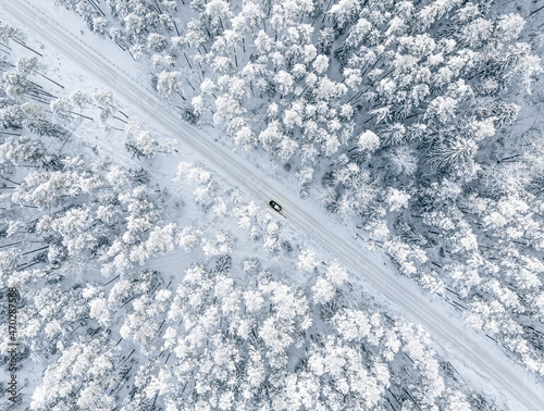 aerial view of winter forest covered in snow. drone photography