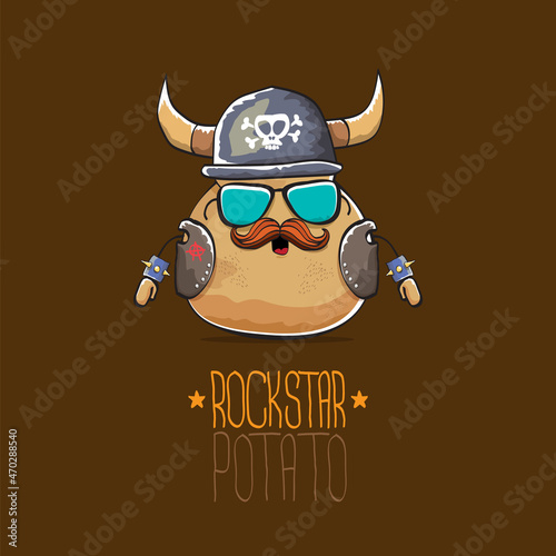vector rock star potato funny cartoon cute character with viking helmet, leather jacket, sunglasses and moustache isolated on brown background. rock n roll hipster vegetable funky character