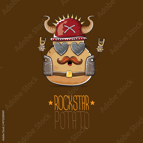 vector rock star potato funny cartoon cute character with viking helmet, leather jacket, sunglasses and moustache isolated on brown background. rock n roll hipster vegetable funky character