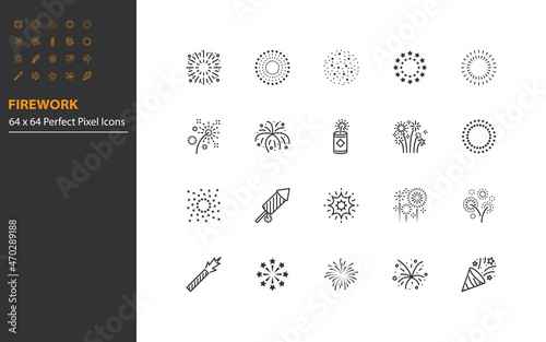 set of firework icons, happy new year, celebration, birthday and party