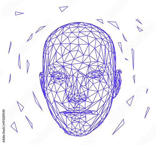 Low polygonal 3D wireframe mesh of a human head. Concept illustration for Machine Learning, Artificial intelligence and Neural Network themes.