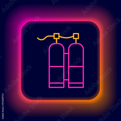 Glowing neon line Aqualung icon isolated on black background. Oxygen tank for diver. Diving equipment. Extreme sport. Sport equipment. Colorful outline concept. Vector